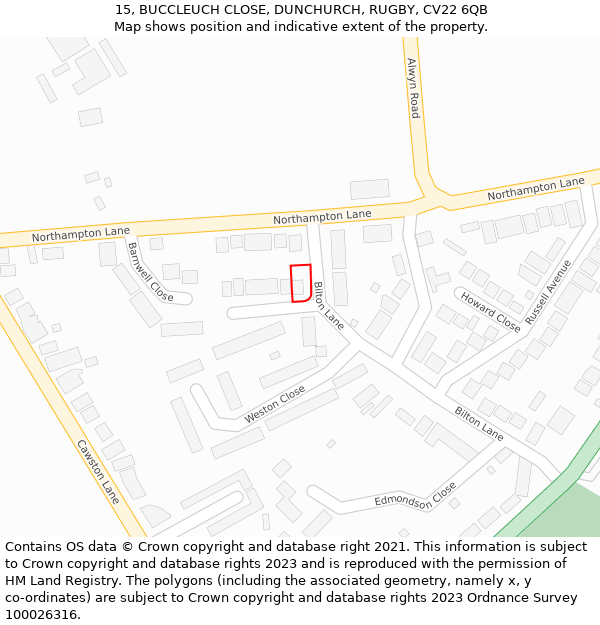 15, BUCCLEUCH CLOSE, DUNCHURCH, RUGBY, CV22 6QB: Location map and indicative extent of plot