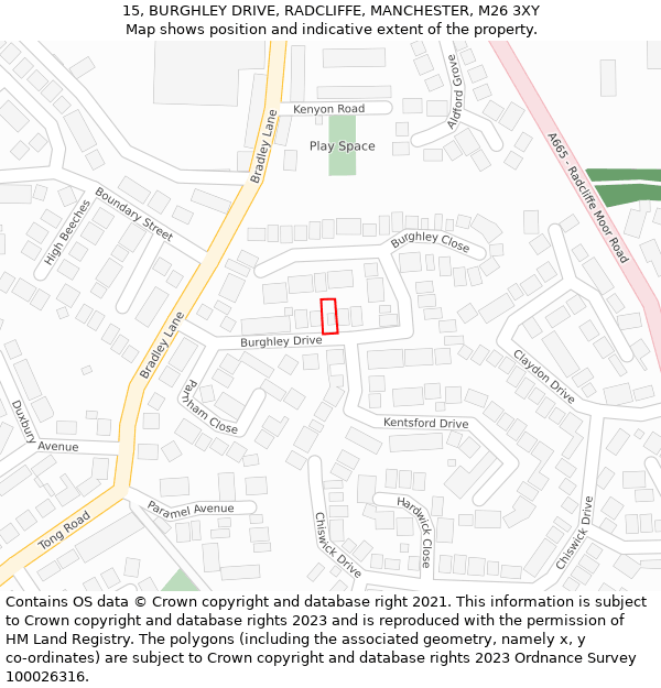 15, BURGHLEY DRIVE, RADCLIFFE, MANCHESTER, M26 3XY: Location map and indicative extent of plot