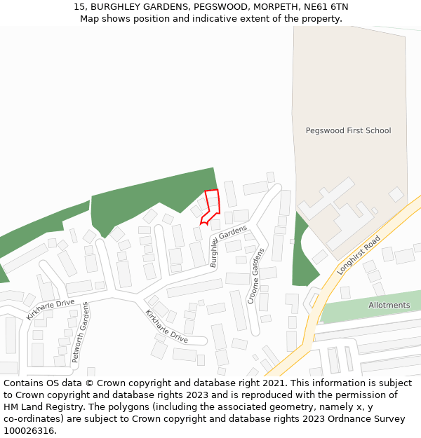 15, BURGHLEY GARDENS, PEGSWOOD, MORPETH, NE61 6TN: Location map and indicative extent of plot