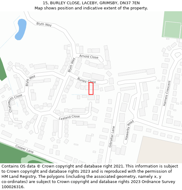 15, BURLEY CLOSE, LACEBY, GRIMSBY, DN37 7EN: Location map and indicative extent of plot