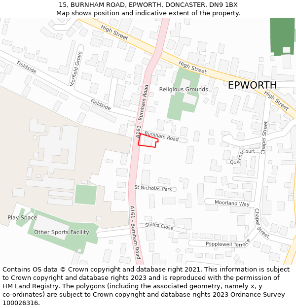 15, BURNHAM ROAD, EPWORTH, DONCASTER, DN9 1BX: Location map and indicative extent of plot