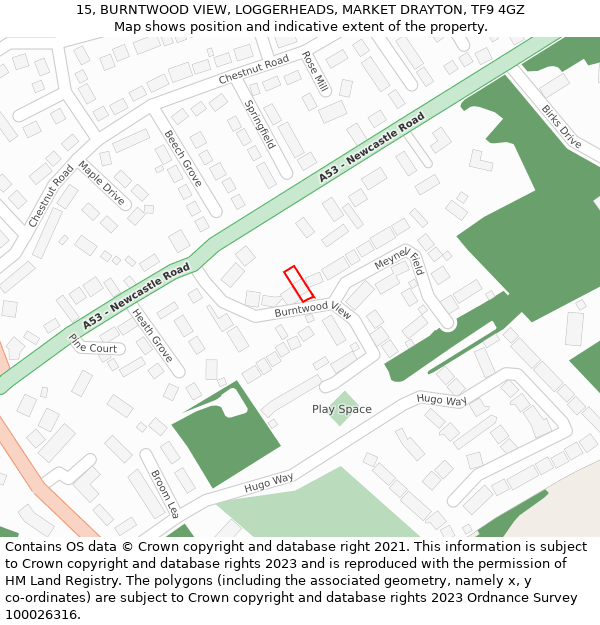 15, BURNTWOOD VIEW, LOGGERHEADS, MARKET DRAYTON, TF9 4GZ: Location map and indicative extent of plot