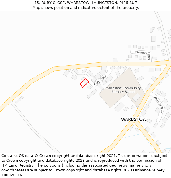 15, BURY CLOSE, WARBSTOW, LAUNCESTON, PL15 8UZ: Location map and indicative extent of plot