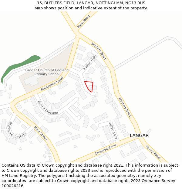 15, BUTLERS FIELD, LANGAR, NOTTINGHAM, NG13 9HS: Location map and indicative extent of plot