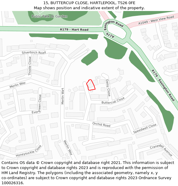 15, BUTTERCUP CLOSE, HARTLEPOOL, TS26 0FE: Location map and indicative extent of plot