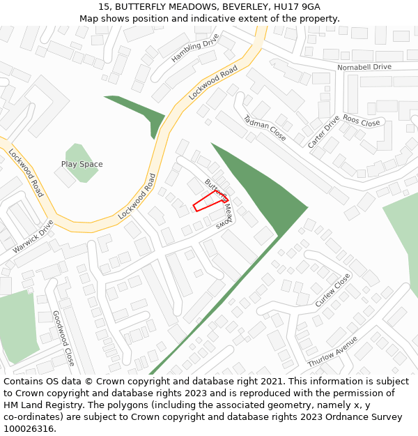 15, BUTTERFLY MEADOWS, BEVERLEY, HU17 9GA: Location map and indicative extent of plot