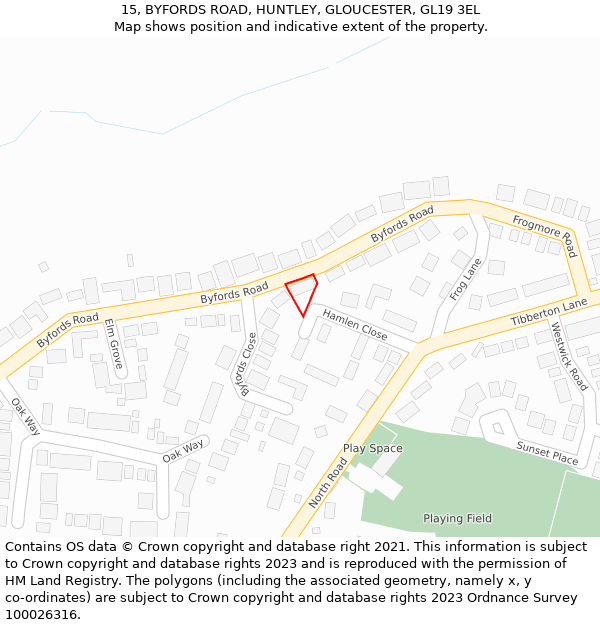 15, BYFORDS ROAD, HUNTLEY, GLOUCESTER, GL19 3EL: Location map and indicative extent of plot