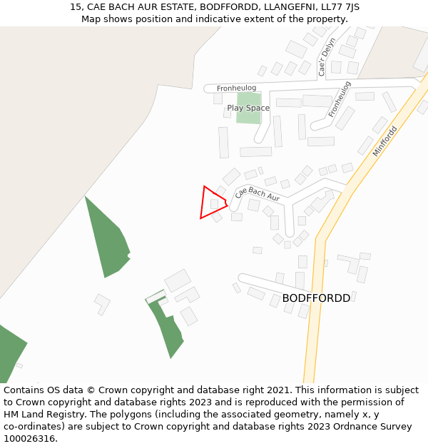 15, CAE BACH AUR ESTATE, BODFFORDD, LLANGEFNI, LL77 7JS: Location map and indicative extent of plot