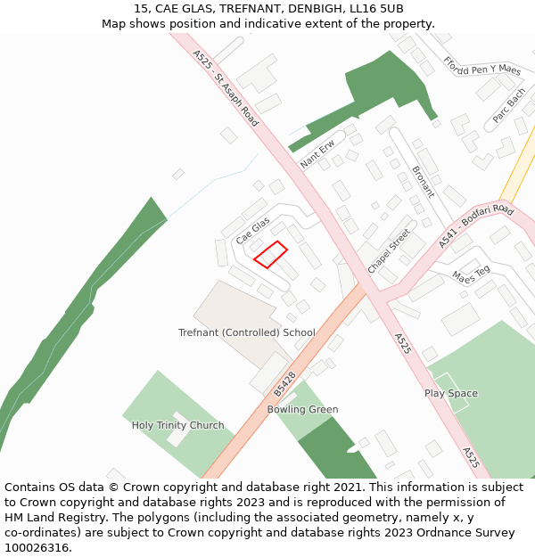 15, CAE GLAS, TREFNANT, DENBIGH, LL16 5UB: Location map and indicative extent of plot