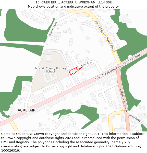 15, CAER EFAIL, ACREFAIR, WREXHAM, LL14 3SE: Location map and indicative extent of plot