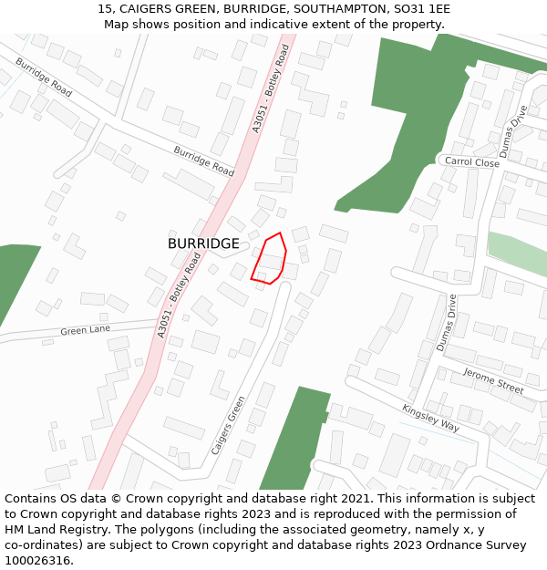 15, CAIGERS GREEN, BURRIDGE, SOUTHAMPTON, SO31 1EE: Location map and indicative extent of plot