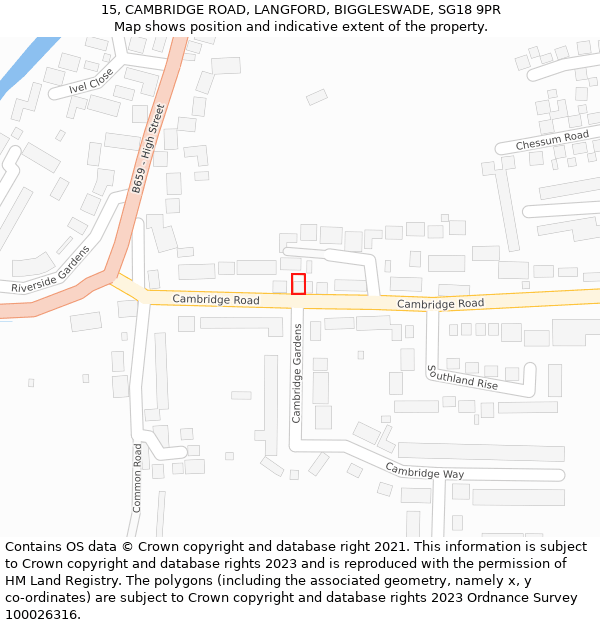 15, CAMBRIDGE ROAD, LANGFORD, BIGGLESWADE, SG18 9PR: Location map and indicative extent of plot