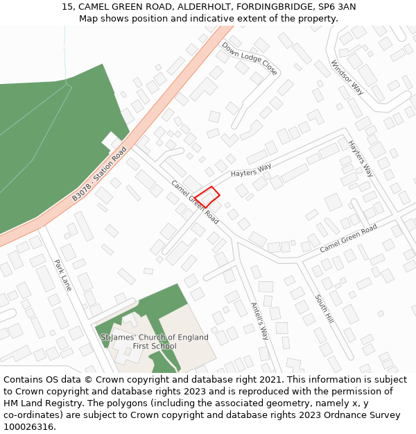 15, CAMEL GREEN ROAD, ALDERHOLT, FORDINGBRIDGE, SP6 3AN: Location map and indicative extent of plot