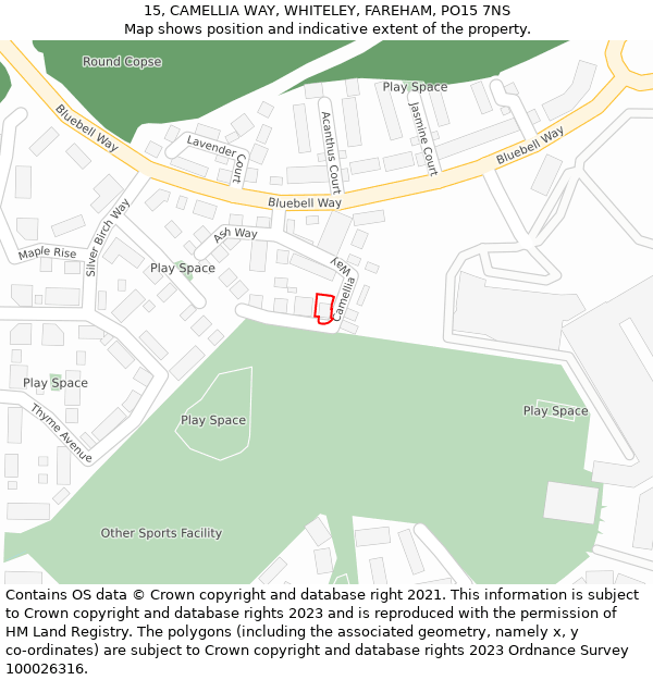 15, CAMELLIA WAY, WHITELEY, FAREHAM, PO15 7NS: Location map and indicative extent of plot