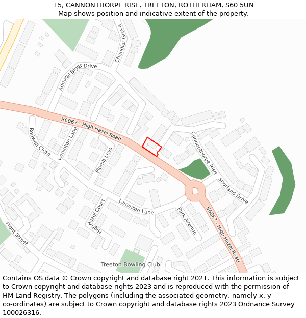 15, CANNONTHORPE RISE, TREETON, ROTHERHAM, S60 5UN: Location map and indicative extent of plot