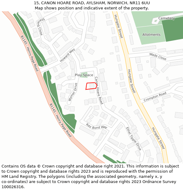 15, CANON HOARE ROAD, AYLSHAM, NORWICH, NR11 6UU: Location map and indicative extent of plot