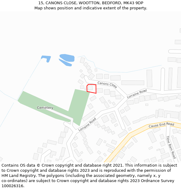 15, CANONS CLOSE, WOOTTON, BEDFORD, MK43 9DP: Location map and indicative extent of plot