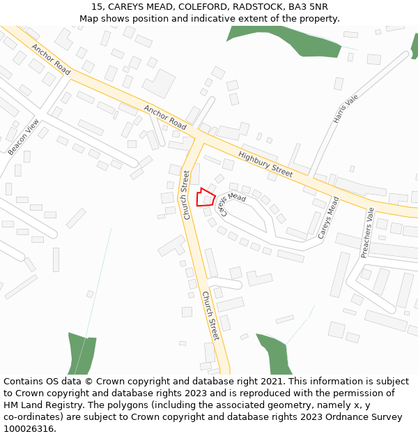 15, CAREYS MEAD, COLEFORD, RADSTOCK, BA3 5NR: Location map and indicative extent of plot