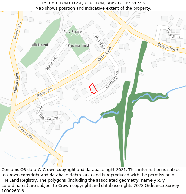 15, CARLTON CLOSE, CLUTTON, BRISTOL, BS39 5SS: Location map and indicative extent of plot