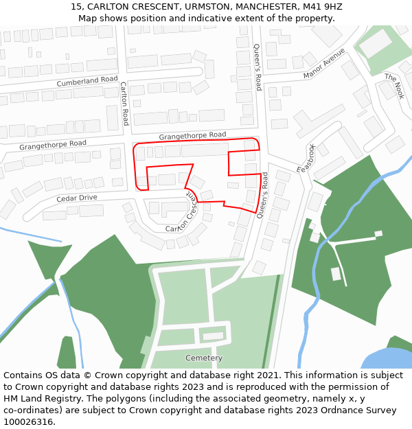 15, CARLTON CRESCENT, URMSTON, MANCHESTER, M41 9HZ: Location map and indicative extent of plot