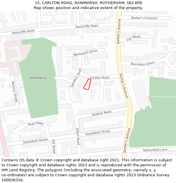 15, CARLTON ROAD, RAWMARSH, ROTHERHAM, S62 6FB: Location map and indicative extent of plot