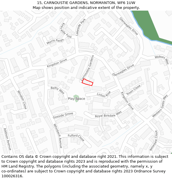 15, CARNOUSTIE GARDENS, NORMANTON, WF6 1UW: Location map and indicative extent of plot