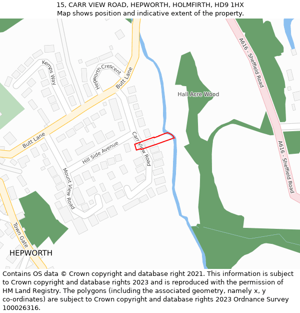 15, CARR VIEW ROAD, HEPWORTH, HOLMFIRTH, HD9 1HX: Location map and indicative extent of plot