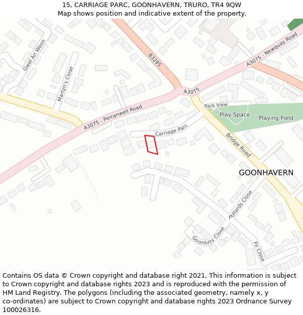 15, CARRIAGE PARC, GOONHAVERN, TRURO, TR4 9QW: Location map and indicative extent of plot