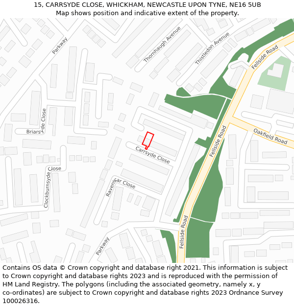 15, CARRSYDE CLOSE, WHICKHAM, NEWCASTLE UPON TYNE, NE16 5UB: Location map and indicative extent of plot