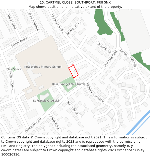 15, CARTMEL CLOSE, SOUTHPORT, PR8 5NX: Location map and indicative extent of plot