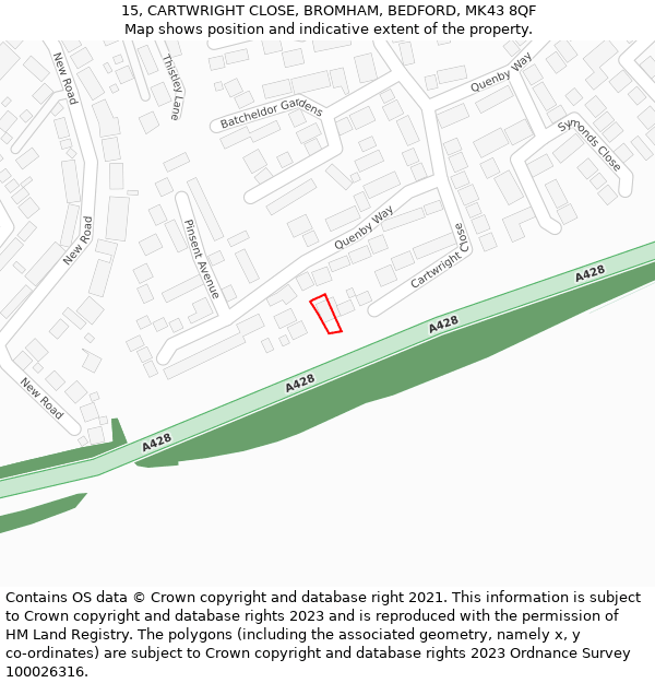 15, CARTWRIGHT CLOSE, BROMHAM, BEDFORD, MK43 8QF: Location map and indicative extent of plot