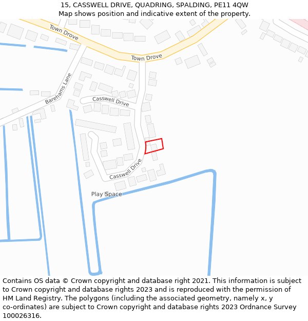 15, CASSWELL DRIVE, QUADRING, SPALDING, PE11 4QW: Location map and indicative extent of plot