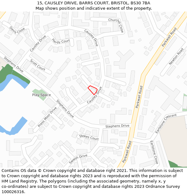 15, CAUSLEY DRIVE, BARRS COURT, BRISTOL, BS30 7BA: Location map and indicative extent of plot