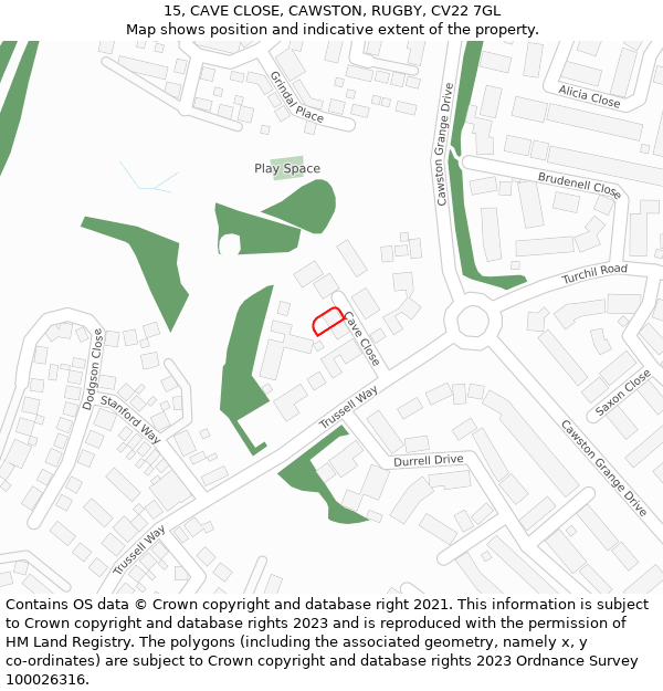 15, CAVE CLOSE, CAWSTON, RUGBY, CV22 7GL: Location map and indicative extent of plot