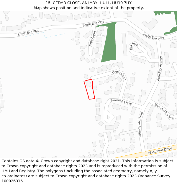 15, CEDAR CLOSE, ANLABY, HULL, HU10 7HY: Location map and indicative extent of plot