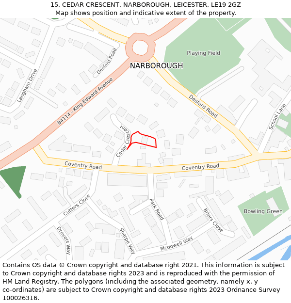 15, CEDAR CRESCENT, NARBOROUGH, LEICESTER, LE19 2GZ: Location map and indicative extent of plot