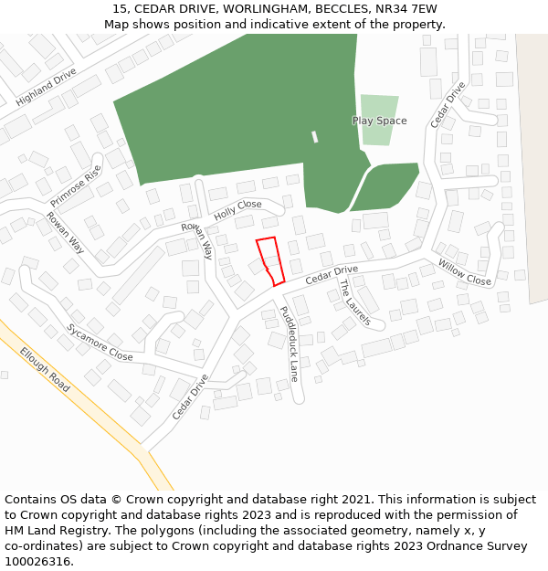 15, CEDAR DRIVE, WORLINGHAM, BECCLES, NR34 7EW: Location map and indicative extent of plot