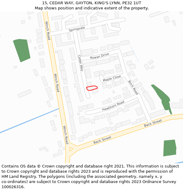 15, CEDAR WAY, GAYTON, KING'S LYNN, PE32 1UT: Location map and indicative extent of plot