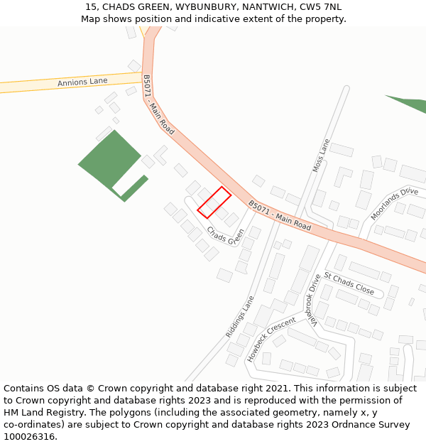 15, CHADS GREEN, WYBUNBURY, NANTWICH, CW5 7NL: Location map and indicative extent of plot