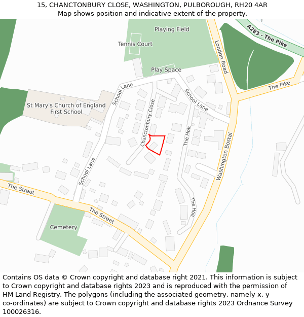 15, CHANCTONBURY CLOSE, WASHINGTON, PULBOROUGH, RH20 4AR: Location map and indicative extent of plot