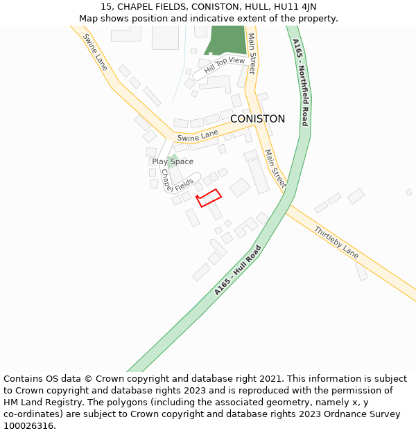 15, CHAPEL FIELDS, CONISTON, HULL, HU11 4JN: Location map and indicative extent of plot