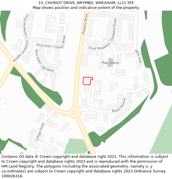 15, CHARIOT DRIVE, BRYMBO, WREXHAM, LL11 5FE: Location map and indicative extent of plot