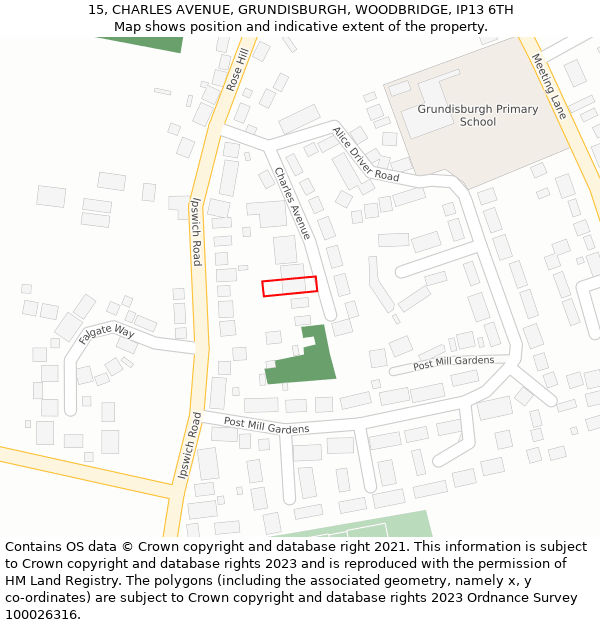 15, CHARLES AVENUE, GRUNDISBURGH, WOODBRIDGE, IP13 6TH: Location map and indicative extent of plot