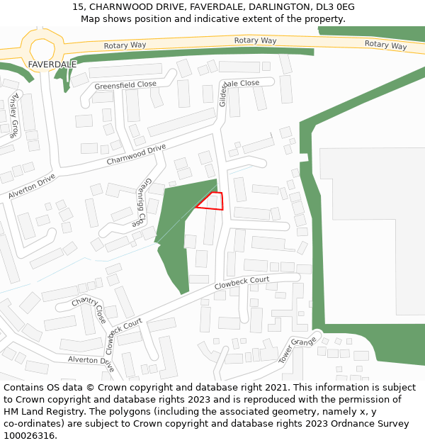 15, CHARNWOOD DRIVE, FAVERDALE, DARLINGTON, DL3 0EG: Location map and indicative extent of plot