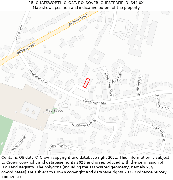 15, CHATSWORTH CLOSE, BOLSOVER, CHESTERFIELD, S44 6XJ: Location map and indicative extent of plot