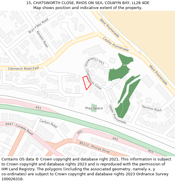 15, CHATSWORTH CLOSE, RHOS ON SEA, COLWYN BAY, LL28 4DE: Location map and indicative extent of plot