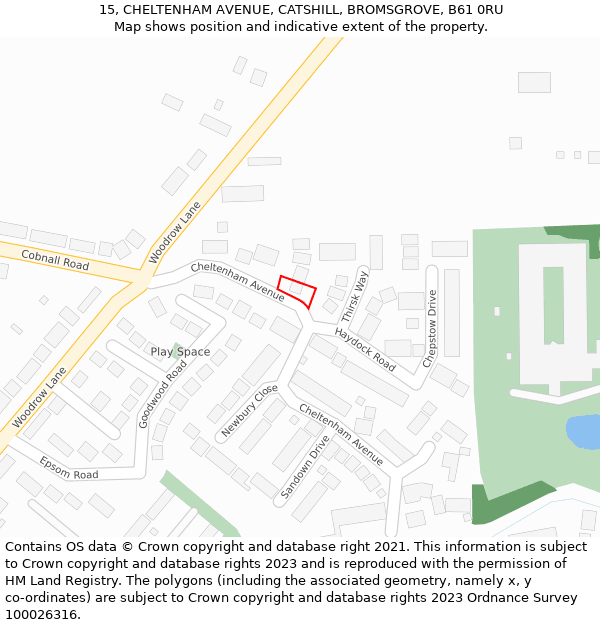 15, CHELTENHAM AVENUE, CATSHILL, BROMSGROVE, B61 0RU: Location map and indicative extent of plot