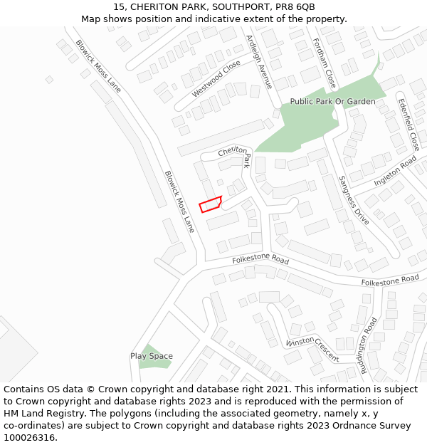 15, CHERITON PARK, SOUTHPORT, PR8 6QB: Location map and indicative extent of plot