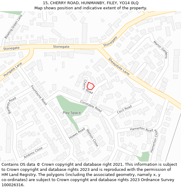 15, CHERRY ROAD, HUNMANBY, FILEY, YO14 0LQ: Location map and indicative extent of plot