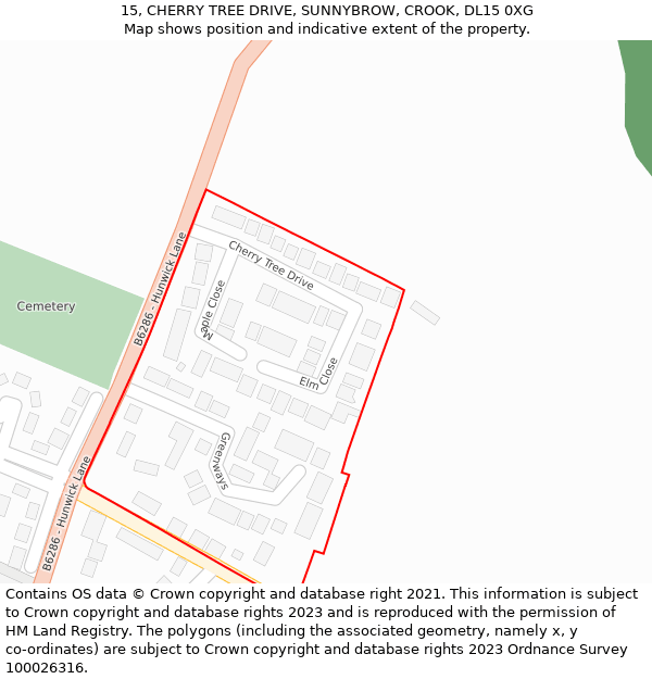 15, CHERRY TREE DRIVE, SUNNYBROW, CROOK, DL15 0XG: Location map and indicative extent of plot